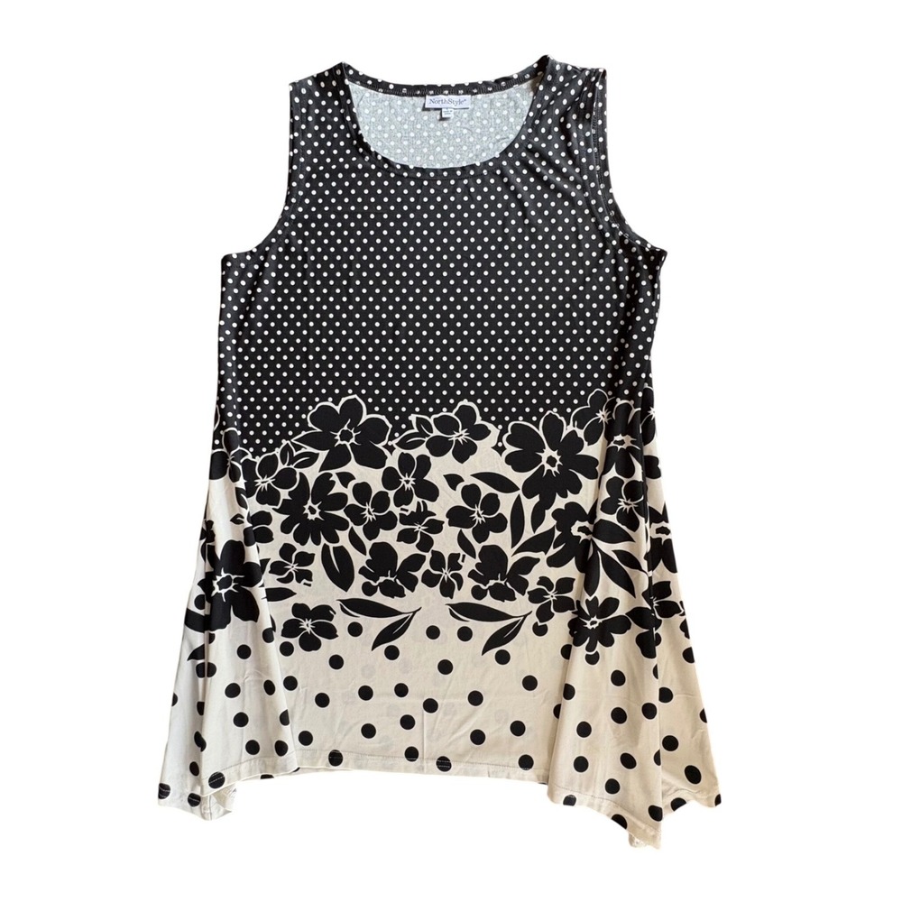 NorthStyle Sleeveless Tunic Women Large Black White Excellent Floral Polka Dot